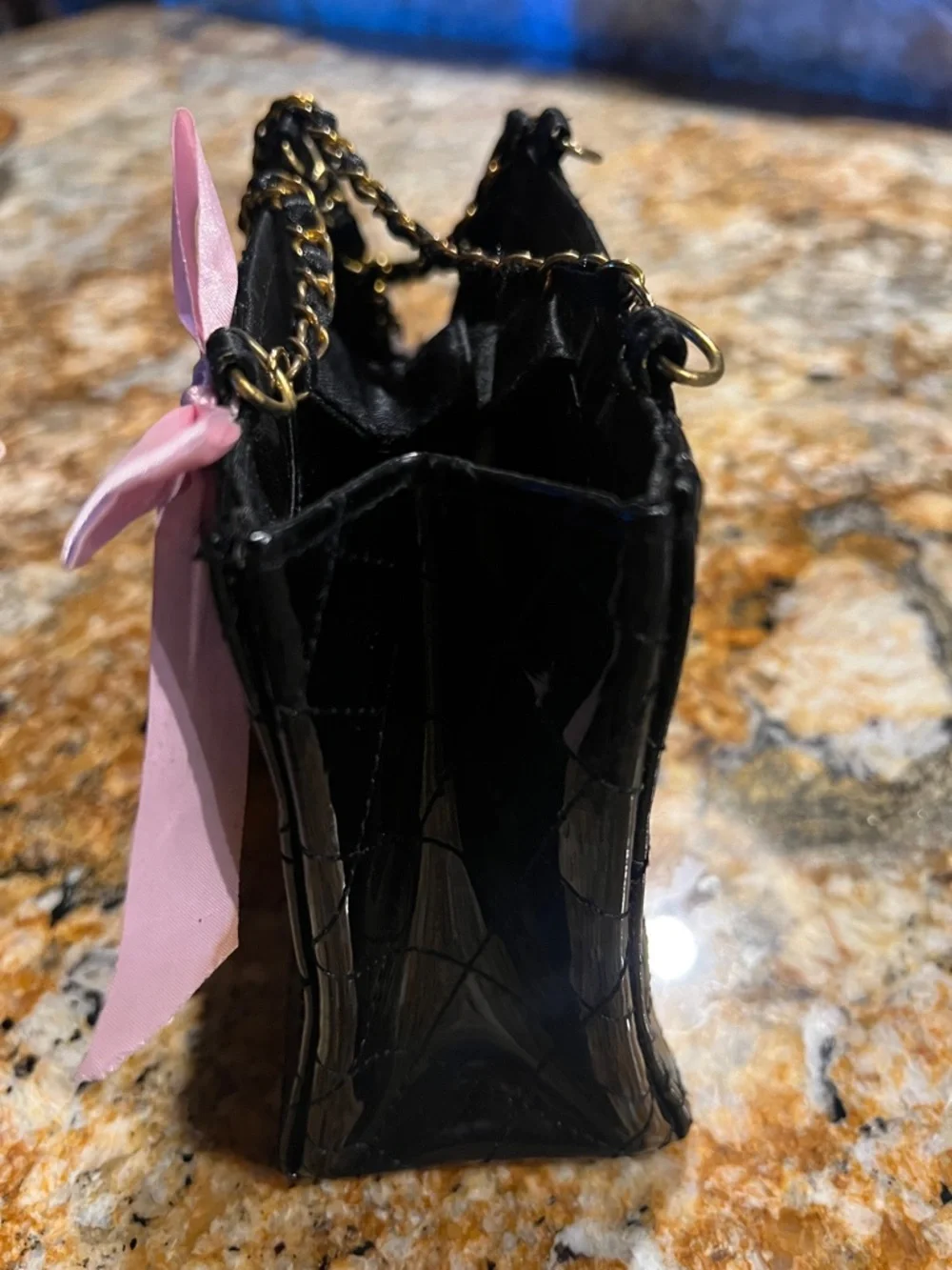 Small bag Patent Black with Pink Poodle Patch and Bow